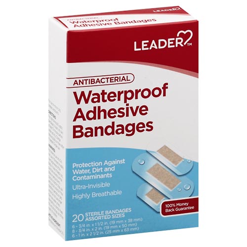 Image for Leader Adhesive Bandages, Antibacterial, Waterproof, Assorted Sizes,20ea from FRANCISCAN PHARMACY